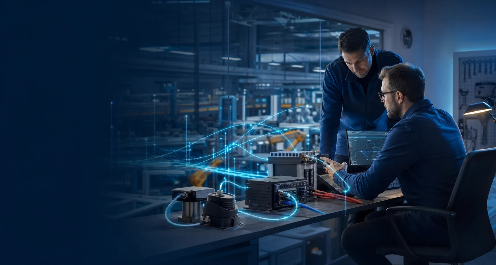Engineers integrating custom software and connected equipment in an operating environment