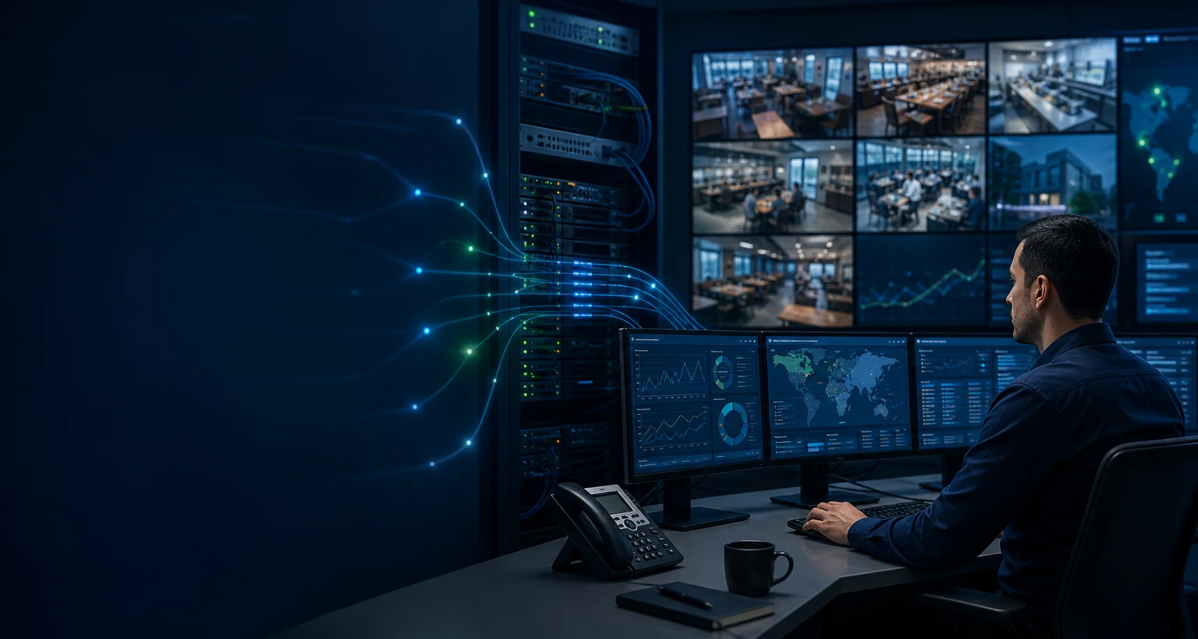 Network operations team monitoring secure infrastructure across multiple business sites