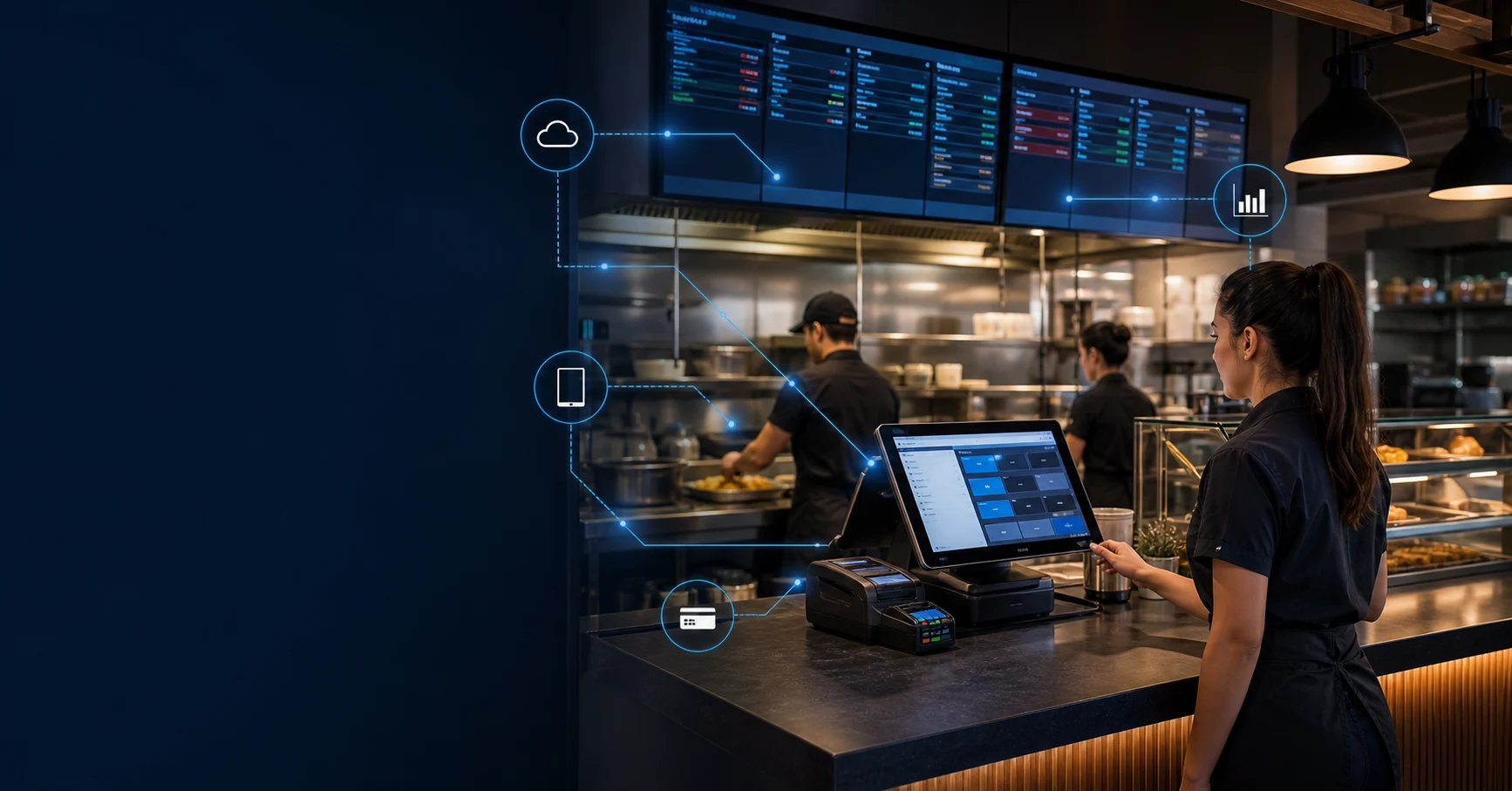 Connected point-of-sale and kitchen systems in a modern restaurant