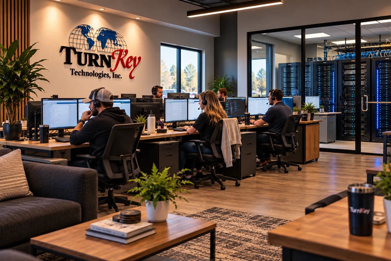 TurnKey support technicians on headsets at their desks, with the server room behind a glass wall